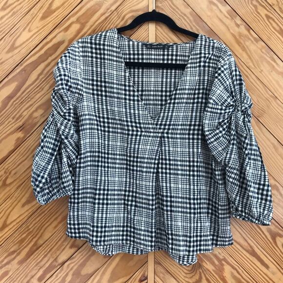 ZARA Check Puff Sleeve Peasant Blouse - Picture 2 of 6